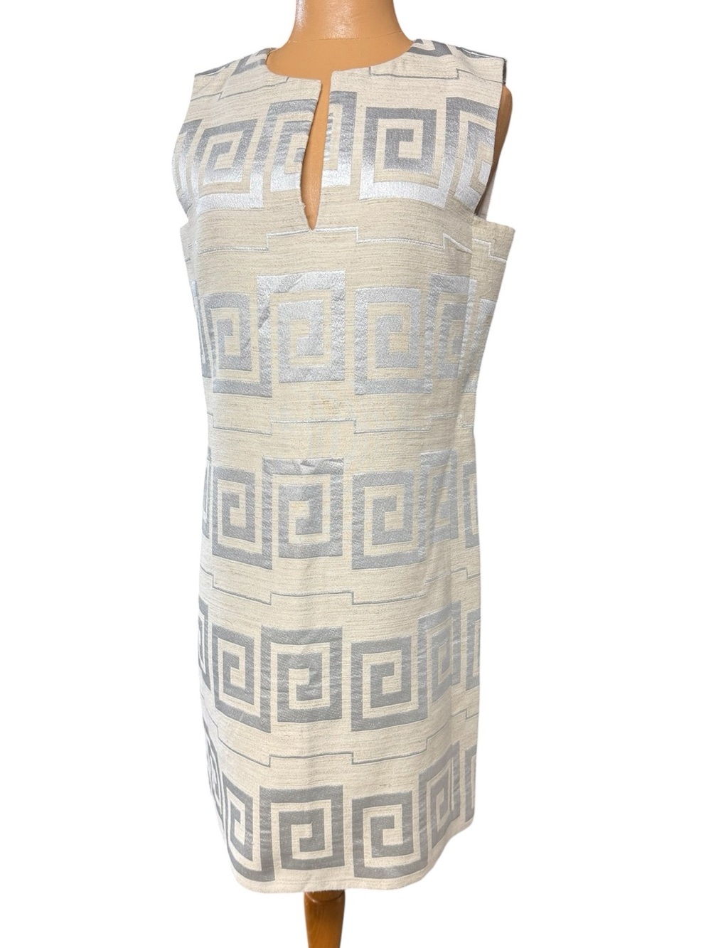 Tory Burch,  Metallic  Silver Snd Cream  Greek pattern Dress